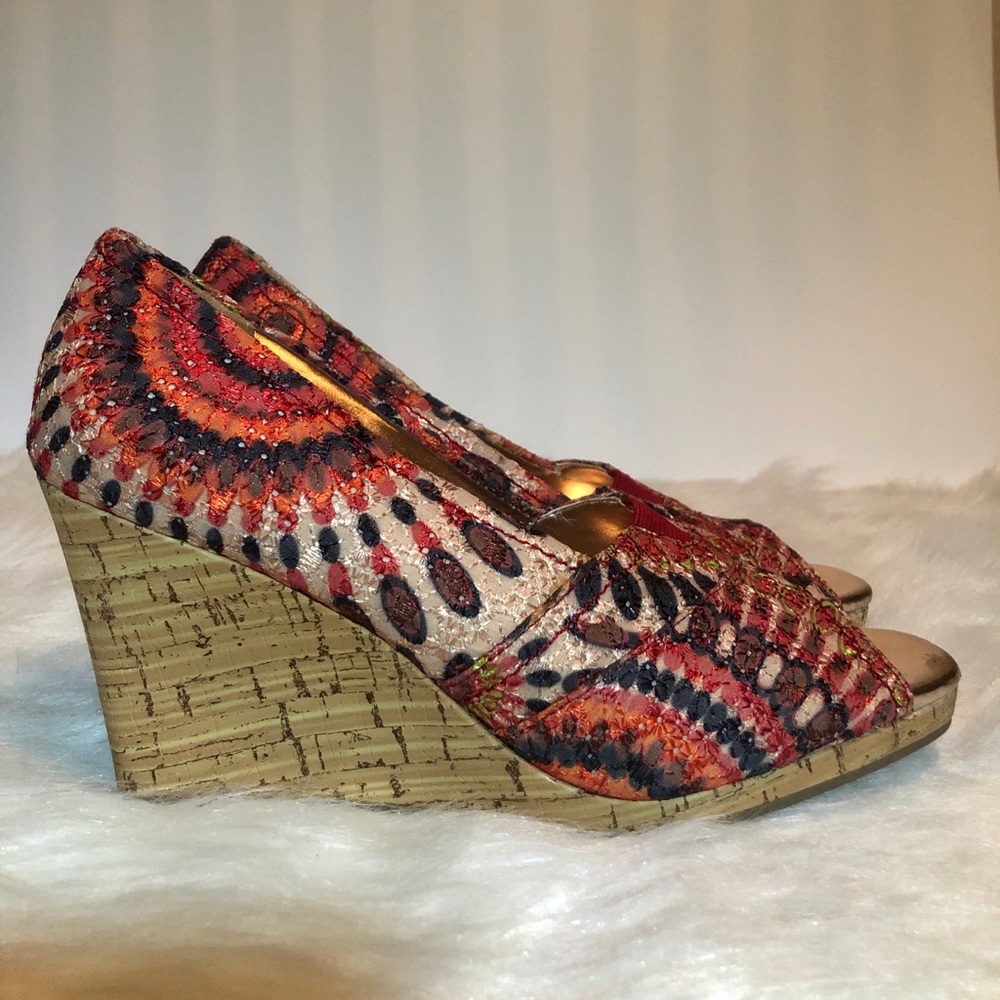 Faded Glory multi color peep toe cork wedges
